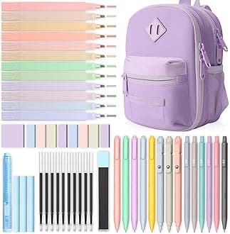 51 PCS Aesthetic School Supplies with Cute Pencil Case, 12 Pastel Highlighters, 8 Quick Dry Retractable Black Ink Pens, 6 Pastel Mechanical Pencil Student Stationary Bible Study Supplies(Purple)
