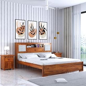 Ganpati Arts Solid Sheesham Wood Maharaja King Size Bed with Headboard Storage Wooden Double Bed Palang for Bedroom Home (Natural Finish)