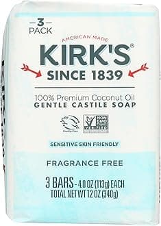 Kirk's Castile Bar Soap Clean Soap for Men, Women & Children | Premium Coconut Oil | Sensitive Skin Formula, Vegan | Fragrance-Free/Unscented | 4 oz. Bars - 3 Pack