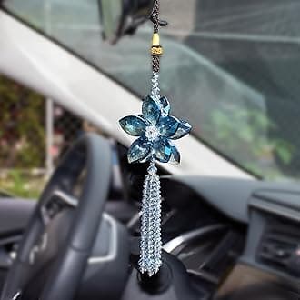 Crystal Flower Car Rear View Mirror Pendant Car Hanging Ornament Lucky Car Charm with Dangle Beads, Blue
