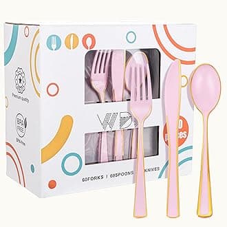 WDF 180 Pieces Pink Plastic Silverware with Gold -Pink Plastic Utensils Set - 60 Guest Pink Cutlery Disposable for Birthday/Party/Wedding