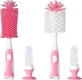 Chemimoso Multifunctional Cleaning Brush, Baby Bottle Brush, Bottle Brush Cleaner, Rotate the Suction Cup to Obtain the Small Bristle Brushes, Set Z, Pink, Silicone and Nylon Brush