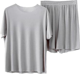 Mens Ice Silk Pyjamas Sets Sale Clearance, Solid Color Soft Shirts & Shorts 2 Piece Outfits, Comfy Pjs Nightwear Loungewear, Summer Quick Dry Sports Gym Tracksuit Full Sets, Workout Sweatsuit