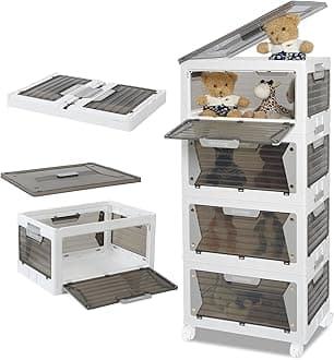 Rainberg Large Storage Boxes with Lids, Strong & Sturdy Plastic Storage Boxes, Stackable Nestable Container for Home & Office use. (White & Grey, 4 Tier 200L Storage)