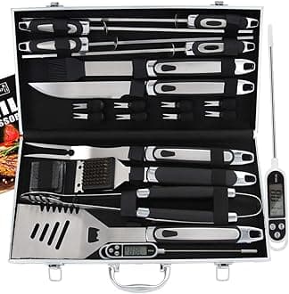ROMANTICIST21pc BBQ Grill Accessories Set with Thermometer - Heavy Duty Stainless Steel Barbecue Grilling Utensils with Non-Slip Handle in Aluminum Storage Case for Men Women