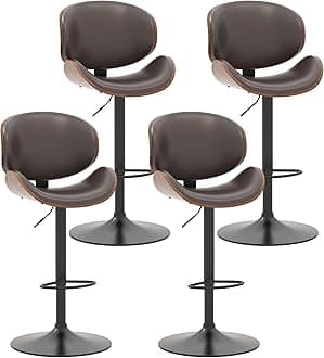 KCC Bar Stools Set of 4, Swivel Adjustable Height Barstools, PU Leather Upholstered Bar Chairs with Footrest, Bentwood Bar Stool for Kitchen, Bar, Dining Room(Brown PU)