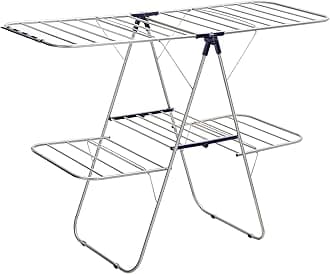 SONGMICS 2-Level Clothes Airer, Stainless Steel Drying Rack, Laundry Rack with Height-Adjustable Wings, Free-Standing Laundry Stand, for Socks, Bed Linen, Clothing, Foldable, Stable, Blue LLR53BU