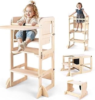 Woodure 6 in-1 Toddler Kitchen Step Stool with Wooden Stool, Foldable Learning Standing Tower with Blackboard & Feeding Tray, Wooden Kitchen Stool Helper for Kids, 1-3 Year Old Boy Girl Gifts