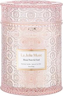 LA JOLIE MUSE Rose Noir & Oud Scented Candle, Rose Candle Gift for Women, Large Glass Jar Candles for Home, Wood Wick, 90 Hours Long Burning, 19.4 oz
