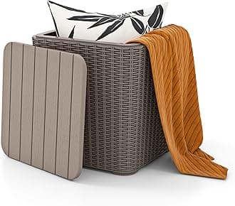 Tangkula 11.5 Gallon Water-proof Deck Box, Outdoor Patio Storage Box w/Removable Lid &, Faux Rattan Storage Container Side Table, All Weather Patio Furniture Extra Seat for Poolside (Brown)
