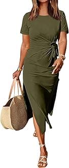 Women's 2026 Summer Maxi Tshirt Dress Short Sleeve Crewneck Tie Waist Casual Slim Fit Slit Spring Long Beach Dresses