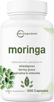 Moringa Oleifera 6,000mg Equivalent | 300 Capsules with Supergreens Blend of Wheatgrass, Barley Grass, Spirulina, & Chlorella | Antioxidant Supplement, Energy, & Immune Support | Non-GMO