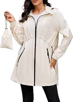 PITINAN Women's Raincoats Packable Long Rain Jacket Women Waterproof Raincoat For Women With Hood Lightweight Trench Coats Windbreaker Travel Jacket Beige XL