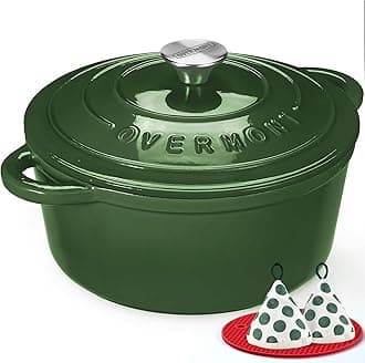 Overmont 26cm/5.2L Enamelled Cast Iron Round Casserole Dish With Lid,5.5QT, Cookbook -Non-stick Dutch Oven for Braising, Stews, Roasting, Bread Baking - Highlighter green