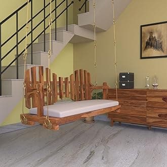 Jairi Traders Wooden Swing (4ftx2ft) Solid Wooden Hanging with Hand Rest and Back Support Jhula Wooden Swing (with Stainless Steel Accessories) Reversible Swing