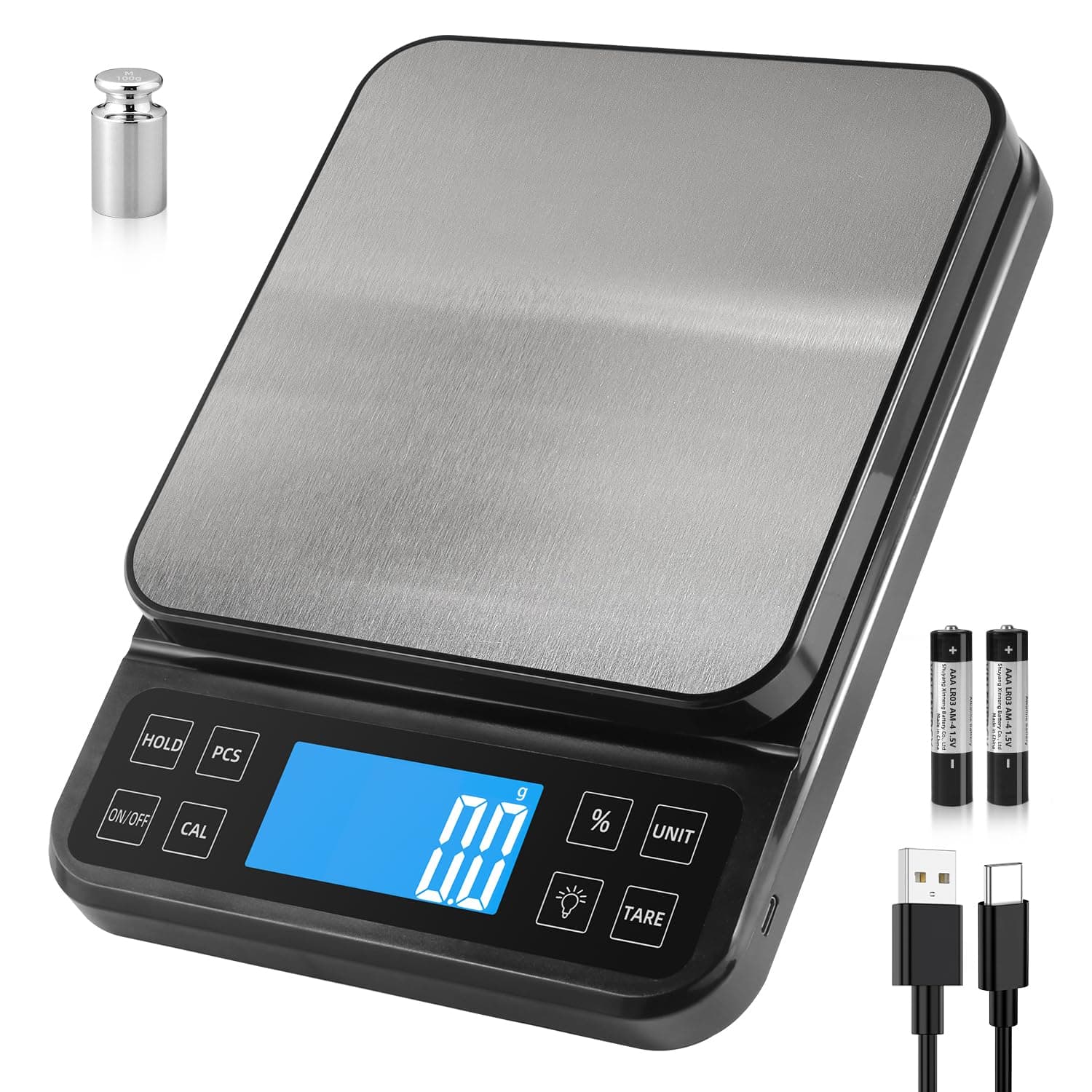 – BOMATA Large Kitchen Scale with 0.1g High Precision, Capacity 5kg, Bakery Scale with% Percentage Function, USB Rechargeable, Full-View Angle LCD with Backlight, Stainless Steel Pan