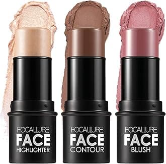 FOCALLURE 3 Pcs Cream Contour Sticks,Shades with Highlighter & Bronzer & Blush,Non-greasy Long-wear Face Contouring Pen,Easy to Sculpt the Face and Create a Lightweight Finishing Makeup,TAN