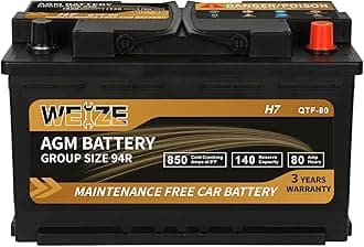 Weize Platinum AGM Battery BCI Group 94R - 12v 80ah H7 Size 94R Automotive Battery, 140RC, 850CCA, 36 Months Warranty, Dimensions 12.4" L x 6.89" W x 7.48" H