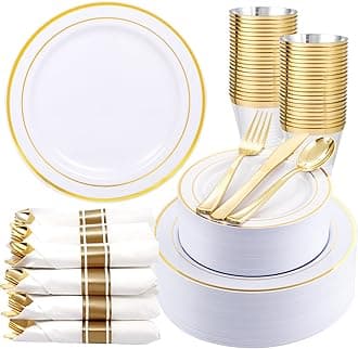 350Piece Gold Dinnerware Set for 50 Guests - Gold Plastic Plates with Disposable Cutlery Include:50Dinner Plates-50Dessert Plates-50Pre Rolled Napkins with Gold Silverware