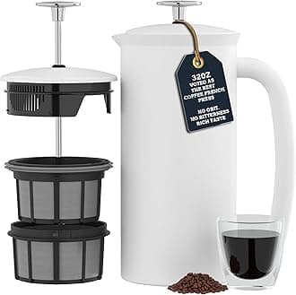 P7 French Press - Double Walled Stainless Steel Insulated Coffee and Tea Maker with Micro-Filter - Keep Drinks Hotter for Longer, Perfect for Home (Matte White, 32 Oz)