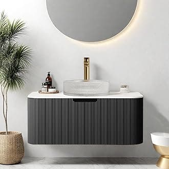 36" Floating Bathroom Vanity with Sink, Plywood Modern Bathroom Storage Cabinet with Ultra-Thin Round Crystal Glass Basin and Marble Top, Soft-Close Design, Pre-Assembled, Gloss Black