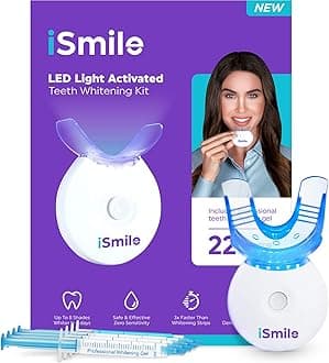 iSmile Teeth Whitening Kit - LED Light, 35% Carbamide Peroxide, (3) 3ml Gel Syringes, (1) Remineralization Gel, and Tray.