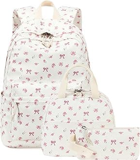 Teen Girls School Backpack Kids Bookbag Set with Lunch Box Pencil Case Travel Laptop Backpack Casual Daypacks (Beige bow tie)