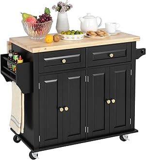 Finnhomy Rolling Kitchen Island with Drop Leaf, Thicken Rubberwood Top, Spice Rack, Towel Rack, Drawer, 43.3" Portable Mobile Kitchen Island Carts Table, Storage Cabinet, Both Wheels and Feet