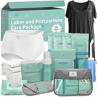 Postpartum Care Kit for Mom (14-Piece) - Includes Labor and Delivery Gown, Peri Bottle, Witch Hazel Foam, Pad Liners More! Hospital Essentials for Women After Birth