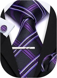 Men Plaid/Striped Ties Set Silk Business Wedding Formal Fashion Necktie and Pocket Square Cufflinks Set