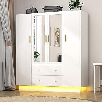 jiteentarou 4 Door Wardrobe Closet with Mirrors and LED Lights, Bedroom Armoire with Drawers and Shelves, Modern Wooden Armoire Wardrobe Closet with Hanging Rod for Bedroom, White