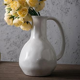 White Ceramic Vase with Big Handles, Modern Farmhouse Decor, Rustic Pottery for Flowers, Decorative Terracotta Centerpiece for Dining Table