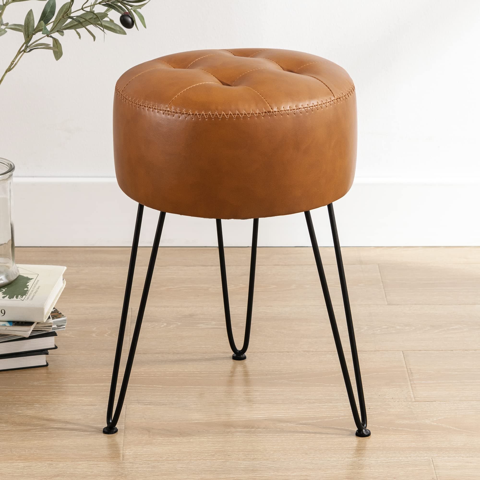 LUE BONA Faux Leather Vanity Stool Chair for Makeup Room,Brown Stool for Vanity,19” Height, Tufted Small Vanity Chair with Metal Legs, Modern Foot Ottoman for Bedroom, Living Room