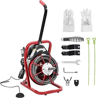 Drain Cleaner Machine, 50 Ft X 3/8 Inch Professional Automatic Electric Drain Auger for 1 to 4 Inch Pipes, Portable Electric Drain Snake with 4 Cutters & Foot Switch and Pair of Gloves