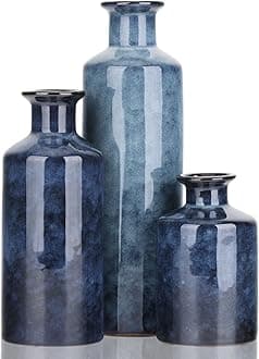 QIANLING Blue Ceramic Vases Set - 3 Blue Small Vase, Farmhouse Country Blue Vases Home Decor, Living Room Decoration, Table Decoration, Fireplace Decor, and Entrance Decoration Centerpieces