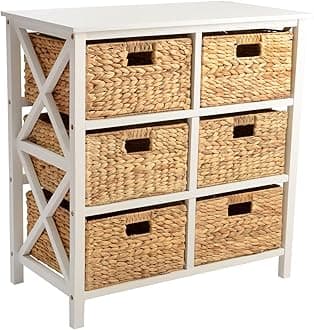 eHemco 3 Tier X-Side End Storage Cabinet with 6 Wicker Baskets, White