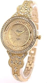 SIBOSUNLady Women Quartz Gold Band Stainless Steel Band White Crystal Dial Dress Fashion Bracelet