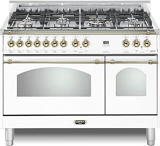 Lofra DolceVita Series 48 Inch Range Freestanding Dual Fuel Double Oven Stove, Cooktop 7 Sealed Brass Burners, Convection, 9 Cooking Modes, Knobs and Handrail In Brass, in White