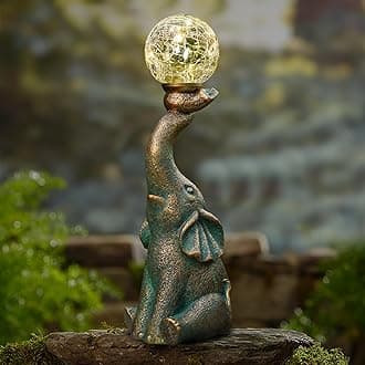 MININOVA Garden Decor Outdoor Statues Elephant with Cracked Glass Ball, Cute Solar Figurine for Patio, Lawn, Yard Art Ornament Decorations (8 LED Lights)