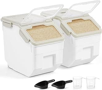 ABOUT SPACE 10-Kg Rice Container (2 Pack) Airtight Rice Storage Container with Measuring Cup & Rice Shovel - Rice Barrel Dispenser-Moisture Proof Kitchen Organiser for Cereals,Pulses&Pet Food- Plastic