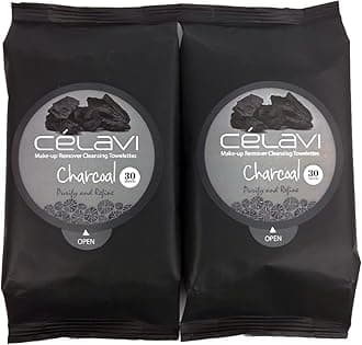 Celavi Makeup Remover Cleansing Wipes Removing Towelettes 2 Packs - 60 Sheets (Charcoal)