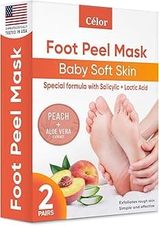 CÉLOR Foot Peeling Mask for Dry Cracked Feet | Foot Mask to Exfoliate Rough, Cracked, Dry Feet, Calluses for Soft Baby Feet Results | Made with Aloe Vera Extract for Women & Men (2 Pairs) | Peach