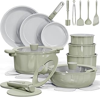 CAROTE 27pcs Ceramic Cookware Set Nonstick, Pots and Pans Set Non Stick, Non Toxic Cookware Detachable Handles, Dishwasher/Oven Safe, RV/Camping Cookware, Pan and Pot with Kitchen Utensils, Green