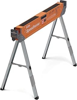 Portamate Speedhorse Sawhorse - Single Piece Table Stand with Folding Legs, Metal Top for 2x4, Heavy Duty Pro Bench Saw Horse for Woodworking, Carpenters, Contractors, PM-4500, Orange