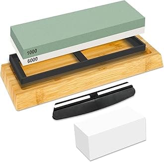 RISEMART Knife Sharpening Stones Set, Professional 1000 6000 Grit Whetstone for Sharpening Knives with Flattening Stone, Non-Slip Base, Angle Guide (5 Pcs)