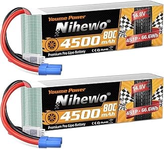 4S Lipo Battery 14.8V RC Battery 4500mAh 80C with EC5 Plug Compatible with 1/10 1/8 Scale RC Car Truck Vehicle Airplane Helicopter Boat Tank Models(2 Packs)