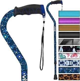 Vive Walking Cane - for Men & Women - Portable, Adjustable Offset Balance Stick - Lightweight & Sturdy Mobility Walker Aid for Arthritis, Elderly, Seniors & Handicap (Blue Floral)