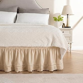 MIYE Wrap Around Ruffled Lace Bed Skirt, Elastic Dust Ruffle with Adjustable Belts, Easy to Put On, Bed Frame Cover, Machine Washable (Embroidered/Beige, King/Queen-18 Drop)