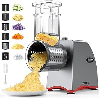 Electric Cheese Grater, Salad Maker with 6 Replaceable Multi-use Blades, 250W Electric Cheese Shredder, One-Touch Kitchen Slicer Salad Machine for Vegetables, Fruits, Cheeses, Nuts
