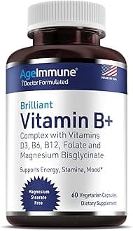 AgeImmune Vitamin B Complex with Vitamin D3 B12 B6 Magnesium Bisglycinate and Folate as Methylfolate - Doctor Formulated Methylated B Complex Supplement – 60 Capsules - Without Niacin